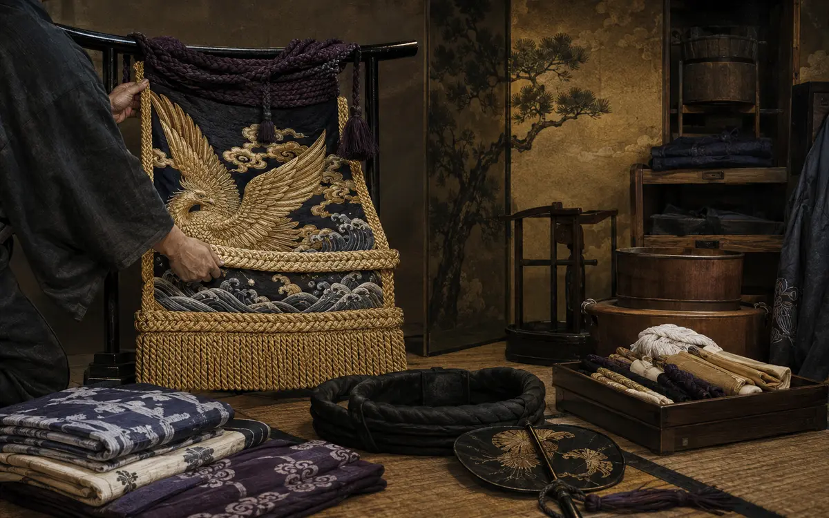Egy produkcióhoz előkészített eredeti kesho-mawashi, yukata, mawashi és gyōji-kiegészítők